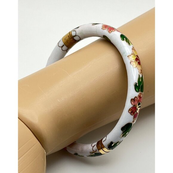 Vintage Cloisonne Floral Bangle Bracelet Hinged White with Flowers Damaged - Picture 2 of 10